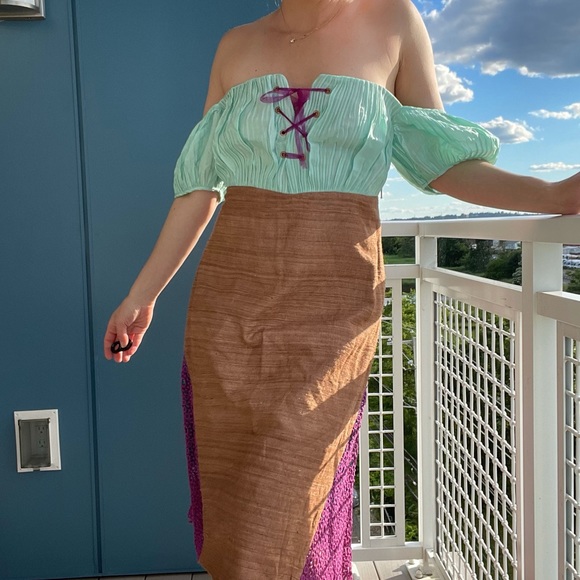 Vintage Corset Dress Puff Sleeve Color-block Midi - Picture 6 of 7